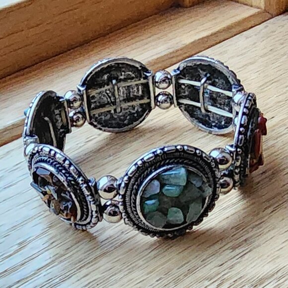 Vintage Mixed Stone Chips Stretch Silver Tone Bracelet - Picture 5 of 16